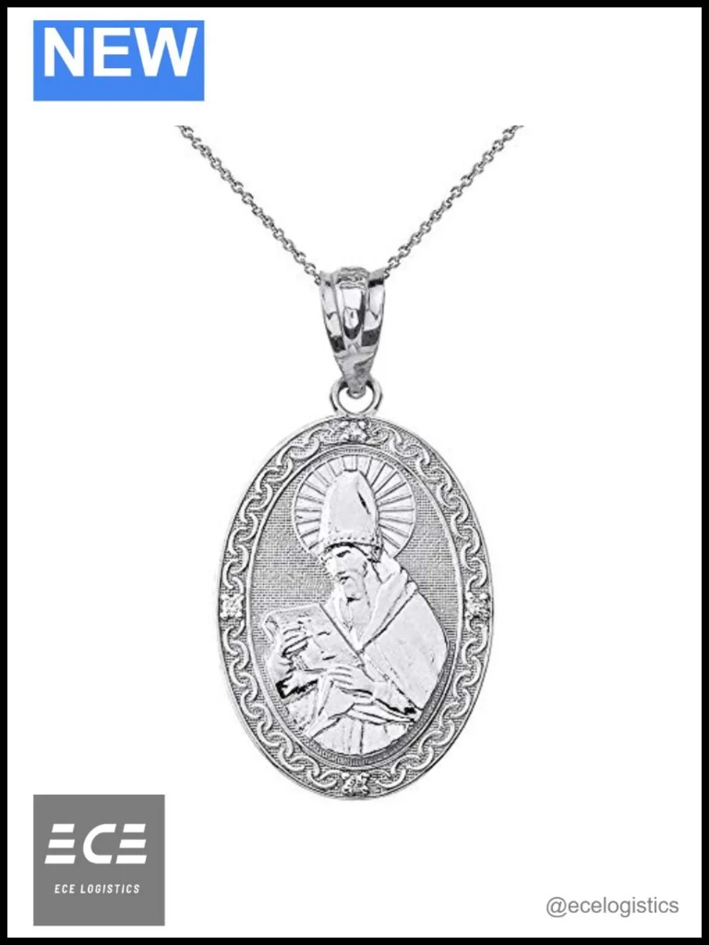 Sterling Silver St. Augustine of Hippo Oval Medal CZ Pendant Necklace 1.20